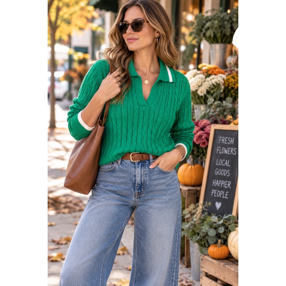 NWT Preppy Varsity Green Cable Knit Polo Sweater Cotton Old Money Chic Sz L